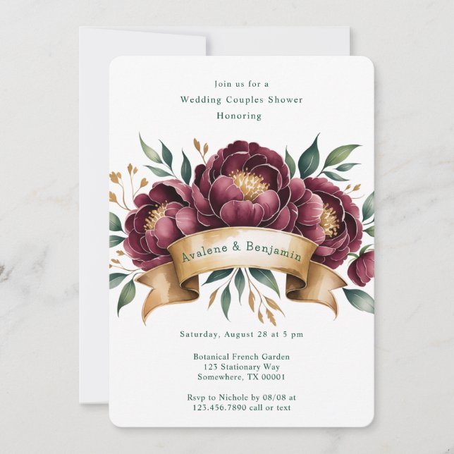Burgundy & Emerald Peony Wedding Couples Shower Invitation (Front)