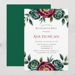 Burgundy & Emerald Peony Winter Bachelorette Party Invitation