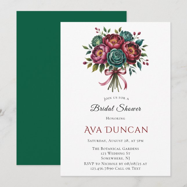Burgundy & Emerald Peony Winter Bridal Shower Invitation (Front/Back)