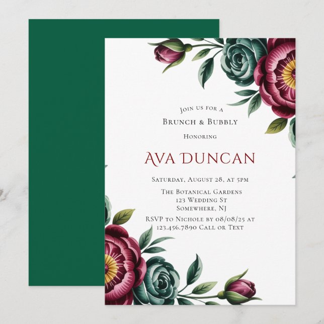 Burgundy & Emerald Peony Winter Brunch & Bubbly Invitation (Front/Back)