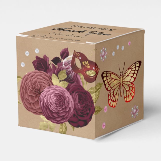 Burgundy English Roses Chic Quinceañera Masquerade Favour Box (Front Side)