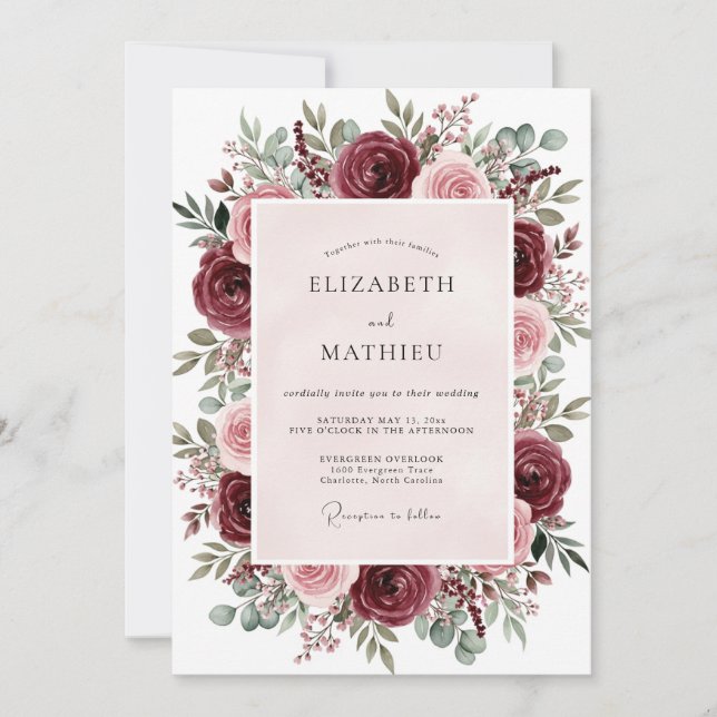 Burgundy Enticing Floral Wedding Invitation (Front)