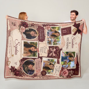 Burgundy Ephemera Birthday 6 Photo Collage Fleece Blanket