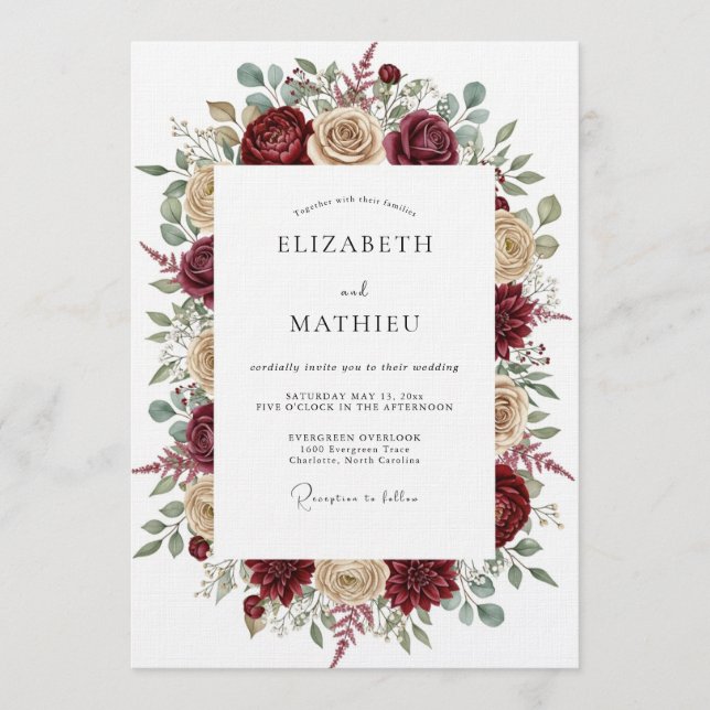 Burgundy Ethereal Floral Wedding Invitation (Front)