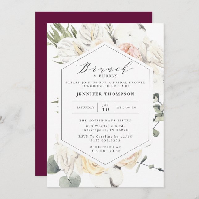 Burgundy Eucalyptus Floral Geometric Bridal Shower Invitation (Front/Back)