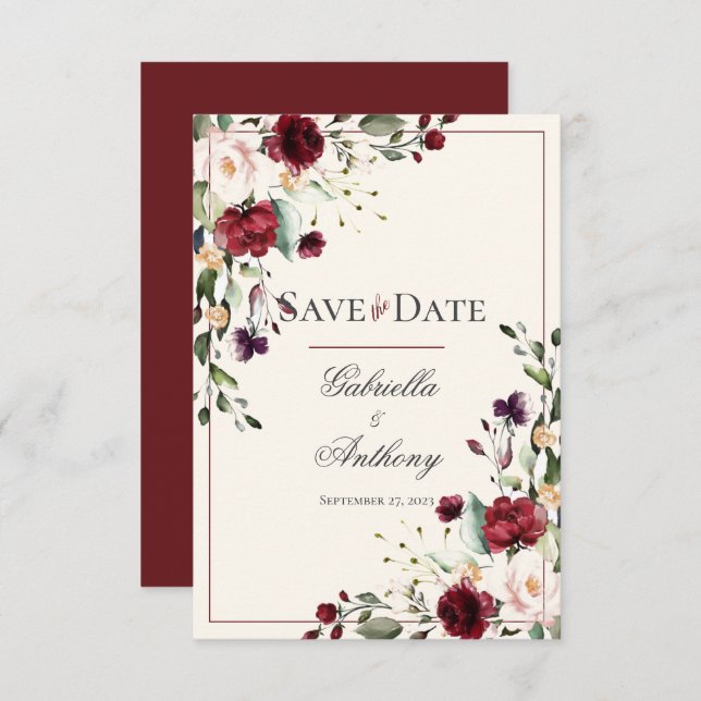 Burgundy Eucalyptus Floral Wedding Save the Date (Front/Back)