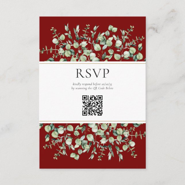 Burgundy Eucalyptus QR Code Wedding RSVP  Enclosure Card (Front)