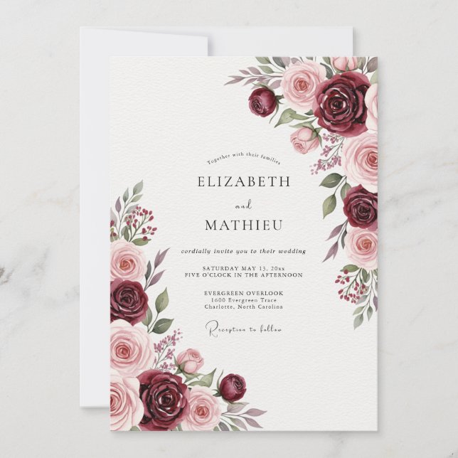 Burgundy Exquisite Botanical Wedding Invitation (Front)
