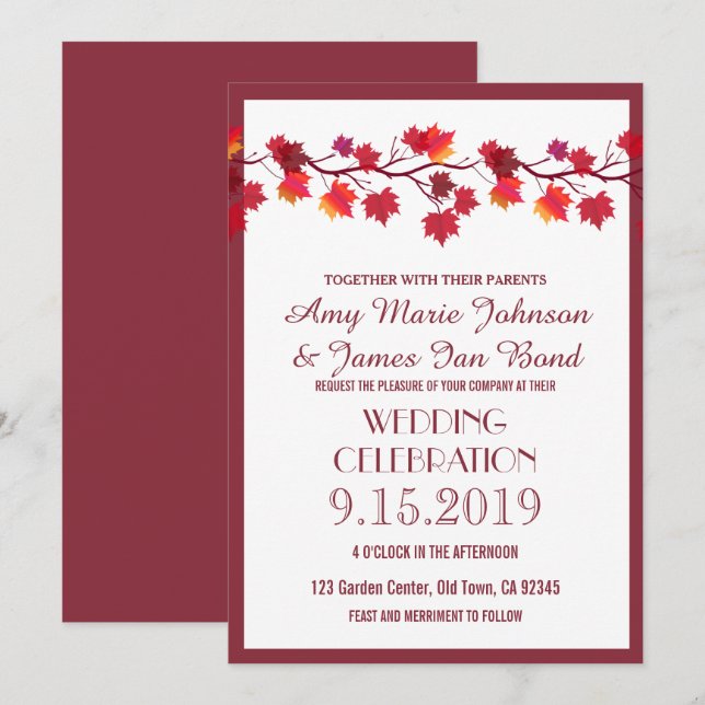 Burgundy Fall Autumn Leaf Wedding Invitations (Front/Back)