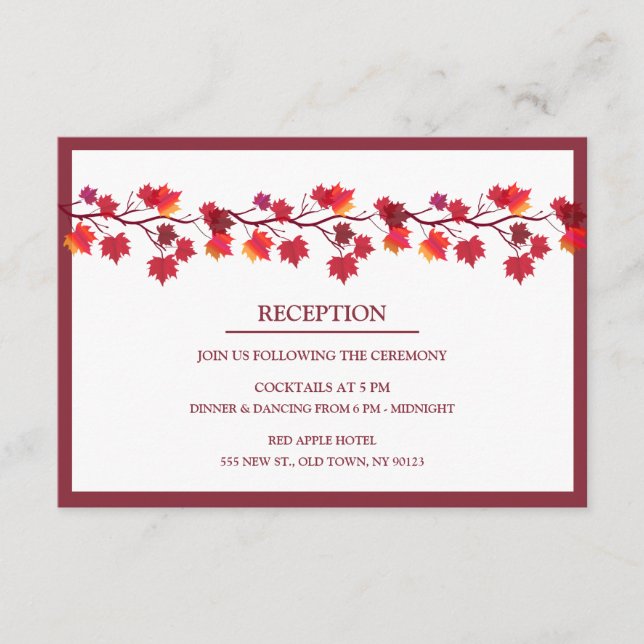 Burgundy Fall Autumn Leafs Wedding Reception Cards (Front)