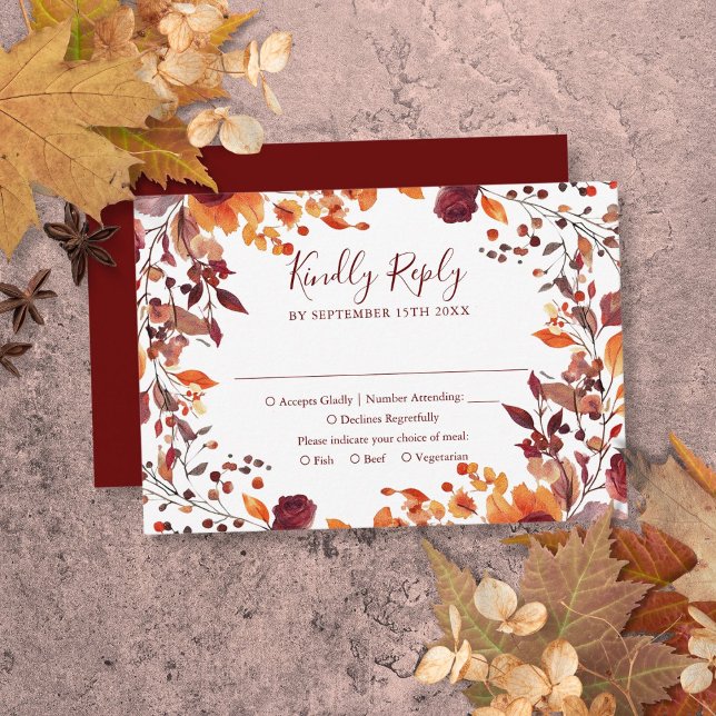 Burgundy Fall Autumn Leaves Floral Wedding RSVP Card (Burgundy Fall Autumn Leaves Floral Wedding RSVP Card)
