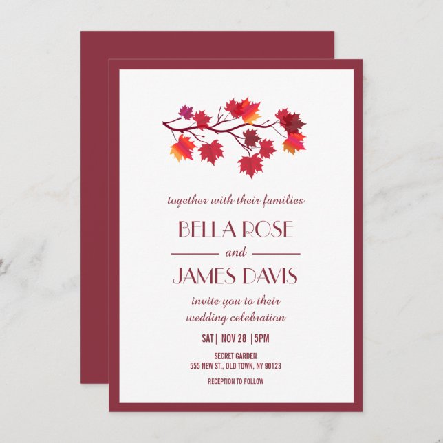 Burgundy Fall Autumn Leaves Wedding Invitations (Front/Back)