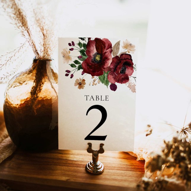 Burgundy Fall Botanical Wedding Table Card (Creator Uploaded)