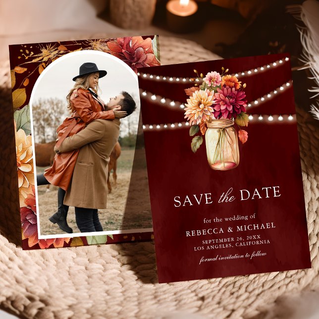 Burgundy Fall Dahlia Mason Jar Photo Wedding Save The Date (Creator Uploaded)