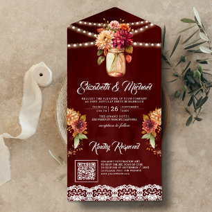 Burgundy Fall Dahlia Mason Jar QR Code Wedding All In One Invitation