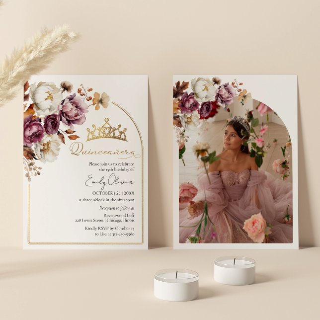Burgundy Fall Floral Autumn Quinceanera Photo Invitation (Creator Uploaded)