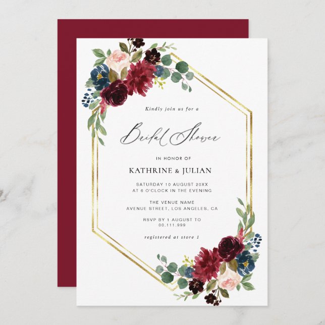 burgundy fall floral bridal shower invitation (Front/Back)