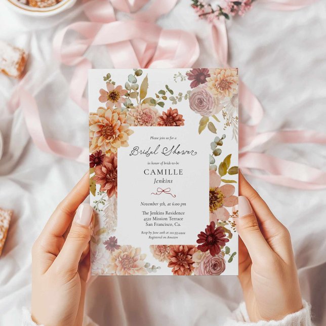 Burgundy Fall Floral Bridal Shower Invitation (Burgundy and Terracotta Floral Fall Bridal Shower Invitation)