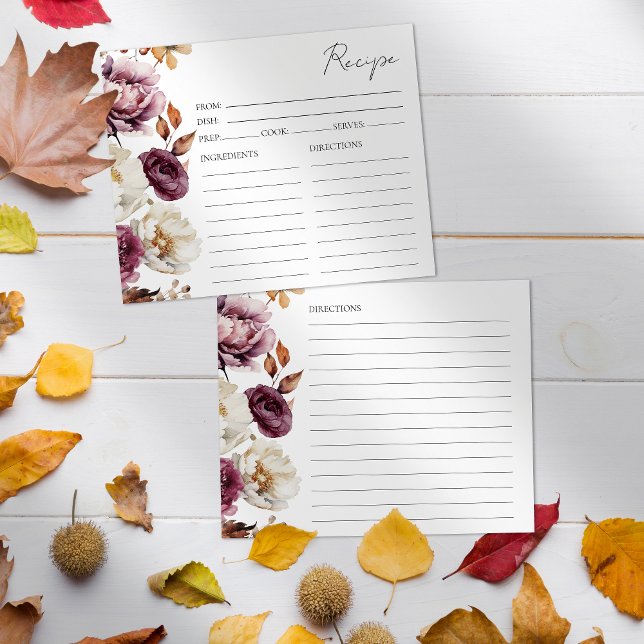 Burgundy Fall Floral Bridal Shower Recipe Cards (Creator Uploaded)
