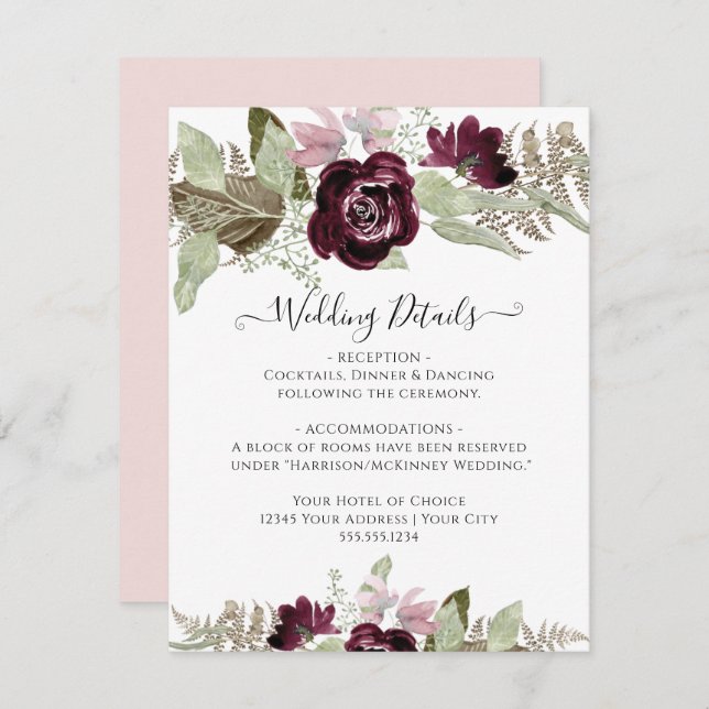 Burgundy Fall Floral Elegant Blush Wedding Details Invitation (Front/Back)