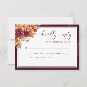 Burgundy Fall Floral Elegant Bold Wedding RSVP Card