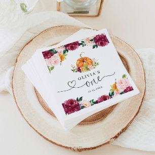 Burgundy fall floral Little pumpkin 1st birthday Napkin