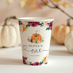 Burgundy fall floral Little pumpkin 1st birthday  Paper Cups