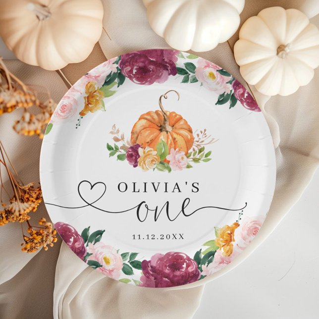 Burgundy fall floral Little pumpkin 1st birthday Paper Plate (Creator Uploaded)