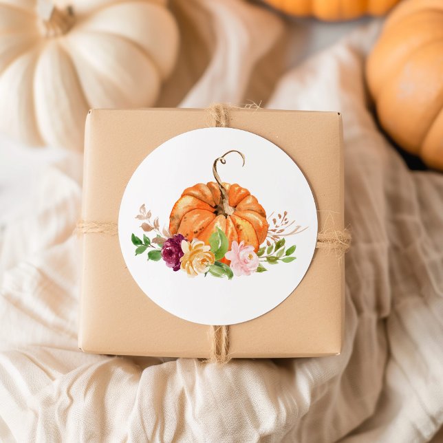 Burgundy fall floral Little pumpkin Classic Round Sticker (Creator Uploaded)