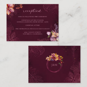 Burgundy Fall Floral Monogram Wedding Reception Enclosure Card