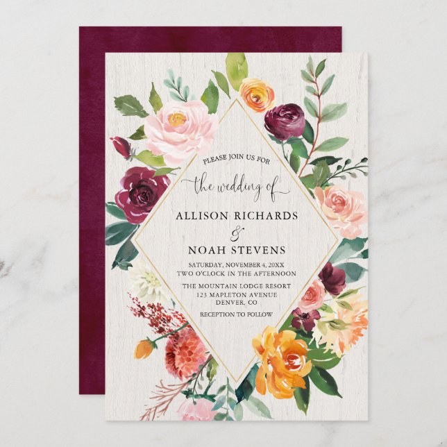 Burgundy fall floral rustic autumn wedding invitation (Front/Back)