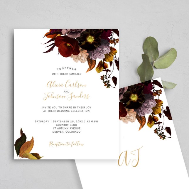 Burgundy fall floral rustic BUDGET wedding invite (Creator Uploaded)