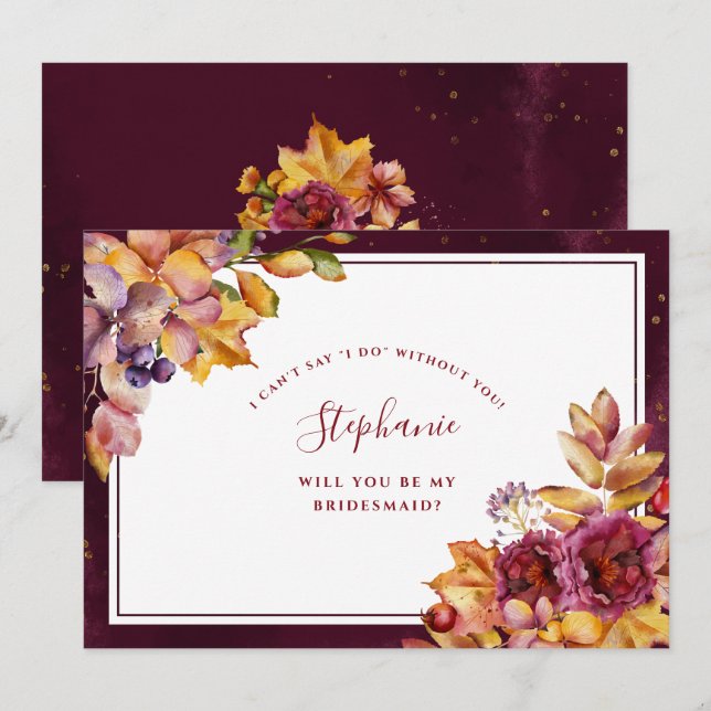 Burgundy Fall Floral Watercolor Leaves Bridesmaid Invitation (Front/Back)