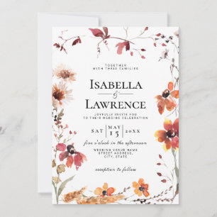 Burgundy Fall Floral Watercolor Wildflower Wedding Invitation