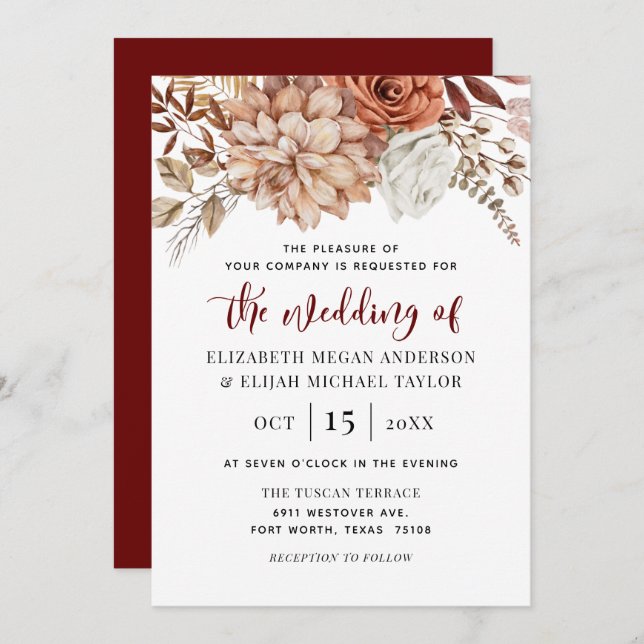 Burgundy Fall Floral Wedding Invitation (Front/Back)