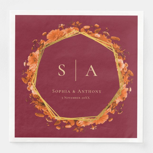 Burgundy Fall Floral Wedding Napkins (Front)
