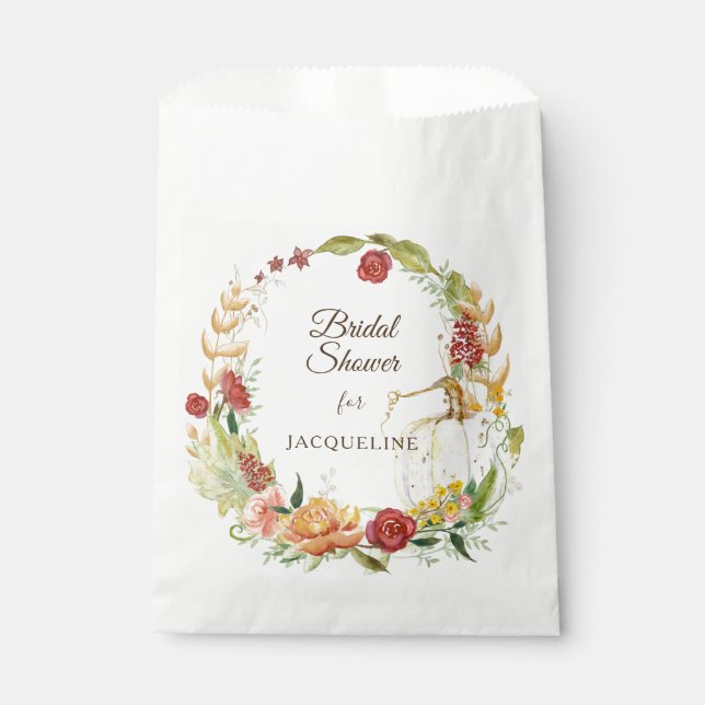 Burgundy Fall Floral White Pumpkin Bridal Shower Favour Bags (Front)
