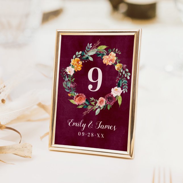 Burgundy Fall Floral Wreath Table Number Card (Creator Uploaded)