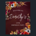 Burgundy Fall Flowers 18th Birthday Party Welcome Poster<br><div class="desc">Beautiful fall flowers decorate two corners of this birthday party welcome sign. Red roses,  terracotta flowers and white peonies blend with deep green leaves and foliage. The flowers and white modern script pop against the burgundy red background. This item is part of the Burgundy Fall Flowers collection.</div>