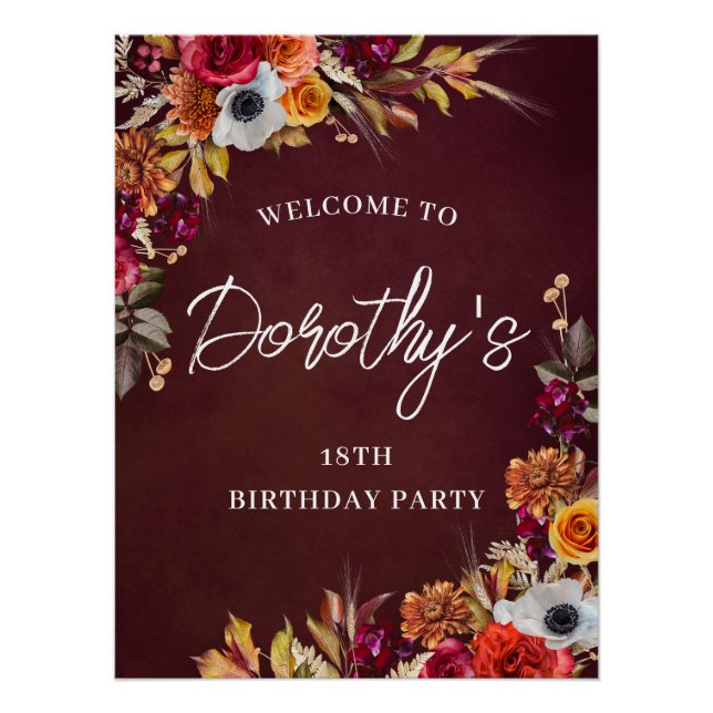 Burgundy Fall Flowers 18th Birthday Party Welcome Poster (Front)