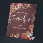 Burgundy Fall Flowers 21st Birthday Party Welcome Pedestal Sign<br><div class="desc">Beautiful fall flowers decorate two corners of this birthday party welcome sign. Red roses,  terracotta flowers and white peonies blend with deep green leaves and foliage. The flowers and white modern script pop against the burgundy red background. This item is part of the Burgundy Fall Flowers collection.</div>