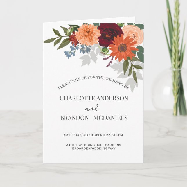 Burgundy Fall Garden Floral Wedding  Invitation (Front)
