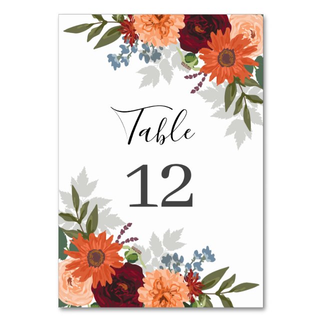 Burgundy Fall Garden Floral Wedding Table Number (Front)
