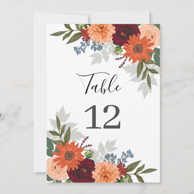Burgundy Fall Garden Floral Wedding Table Number (Back)