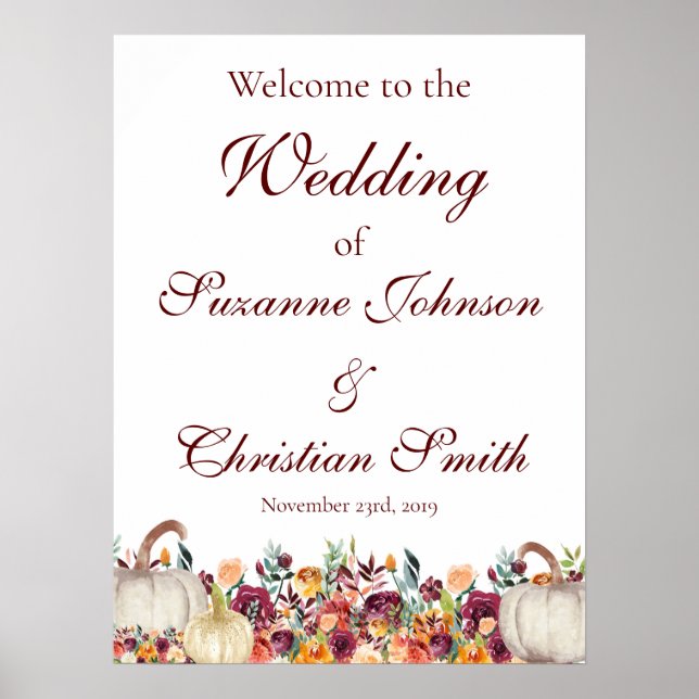 Burgundy Fall Gold Pumpkin Wedding Welcome Sign (Front)