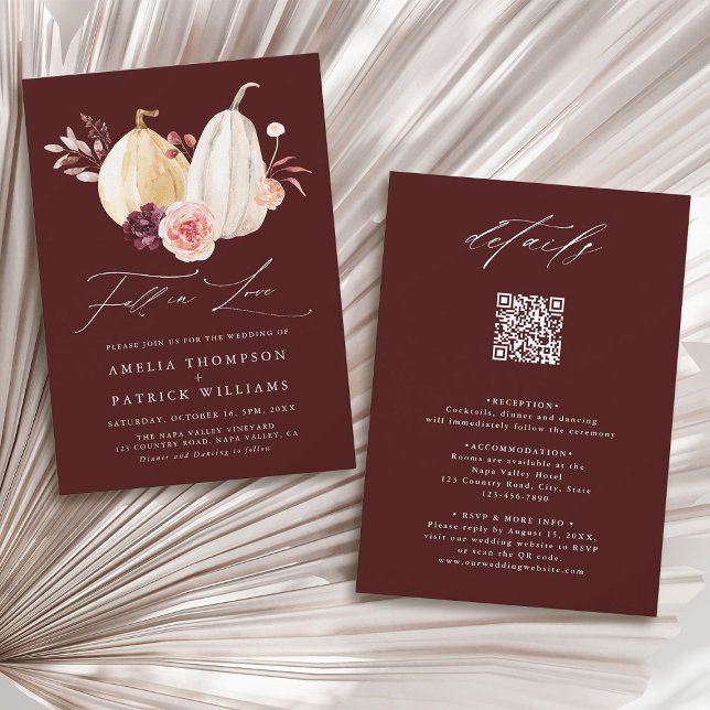 Burgundy Fall in Love Autumn All in One Wedding Invitation (Front & Back)