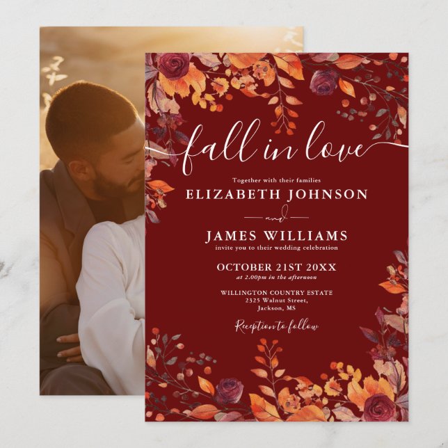 Burgundy Fall In Love Autumn Floral Photo Wedding Invitation (Front/Back)
