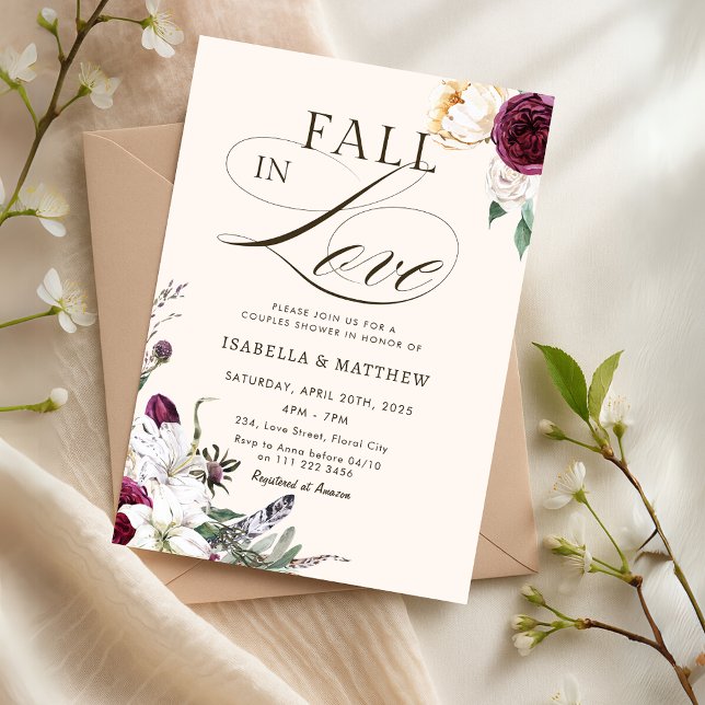 Burgundy Fall in Love Couples Wedding Shower Invitation (Burgundy Fall in Love Couples Wedding Shower Invitation)