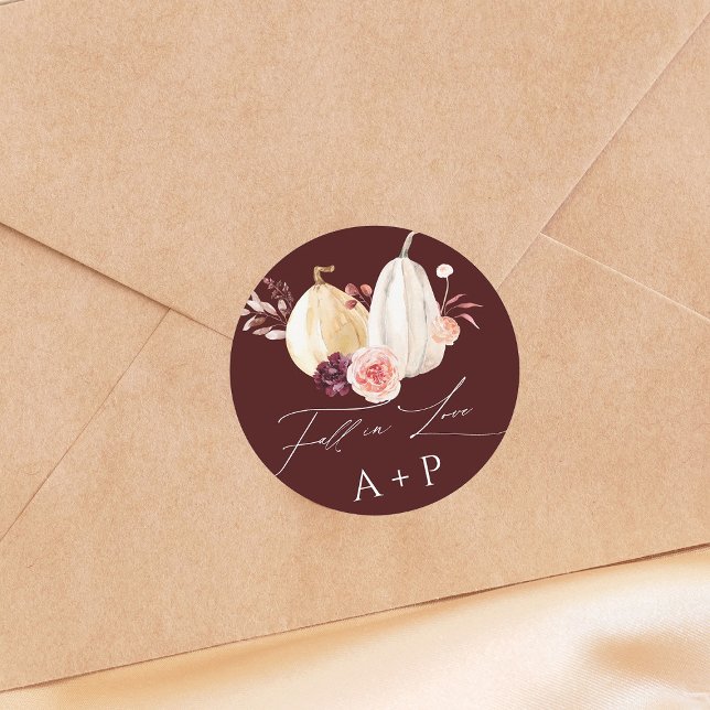 Burgundy Fall in Love Pumpkin Autumn Wedding Classic Round Sticker (Creator Uploaded)