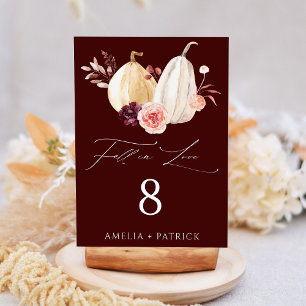 Burgundy Fall in Love Pumpkin Autumn Wedding Table Number